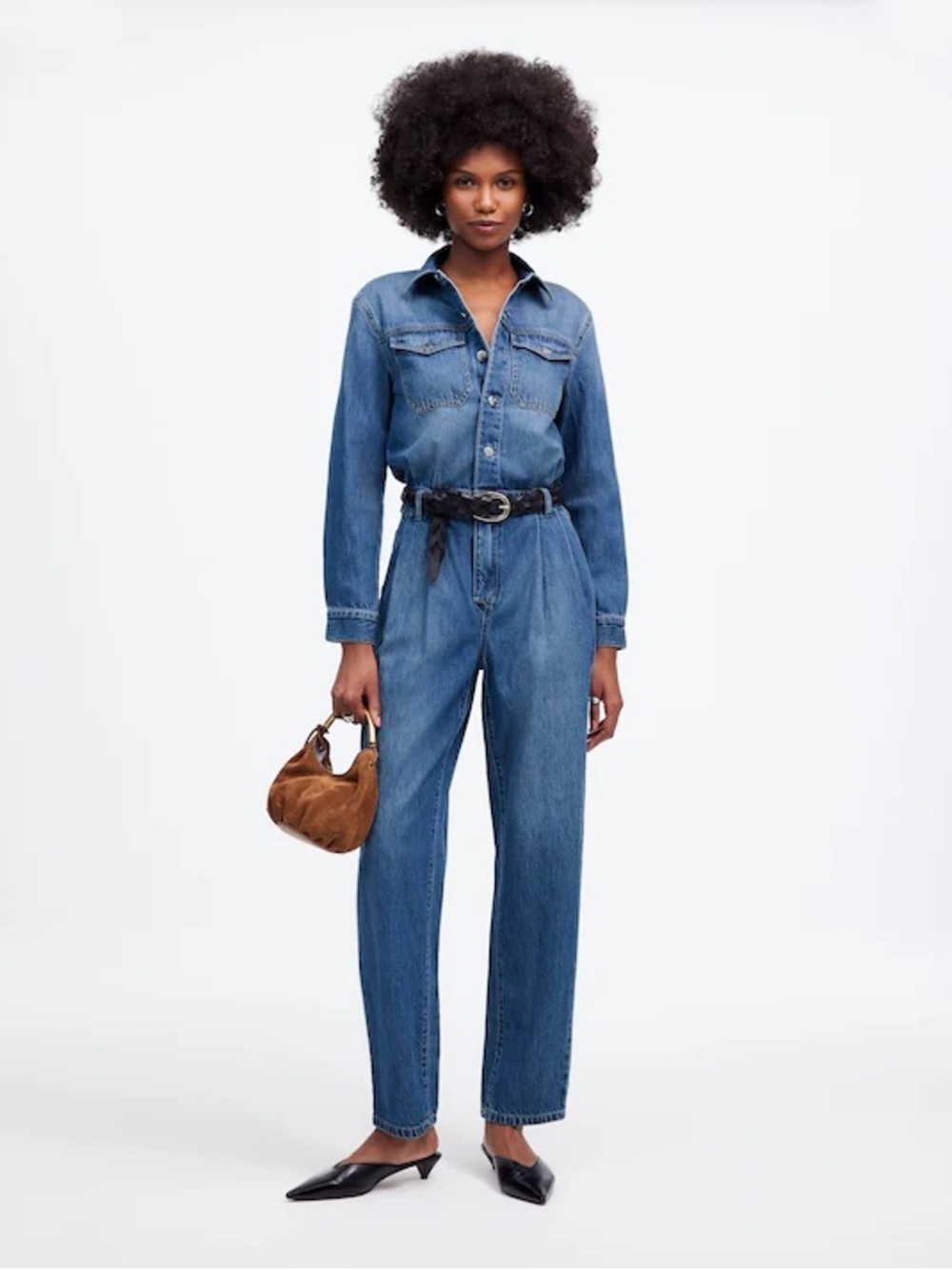 Pleated Barrel-Leg Jumpsuit in Baywood Wash: Airy Denim Edition